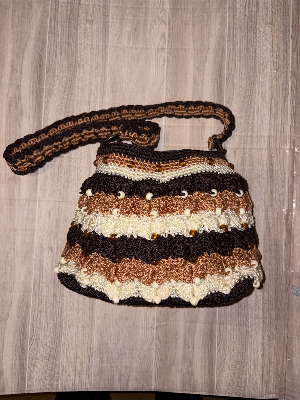 Boho Crochet Crossbody Bag in Brown, Cream & Black
